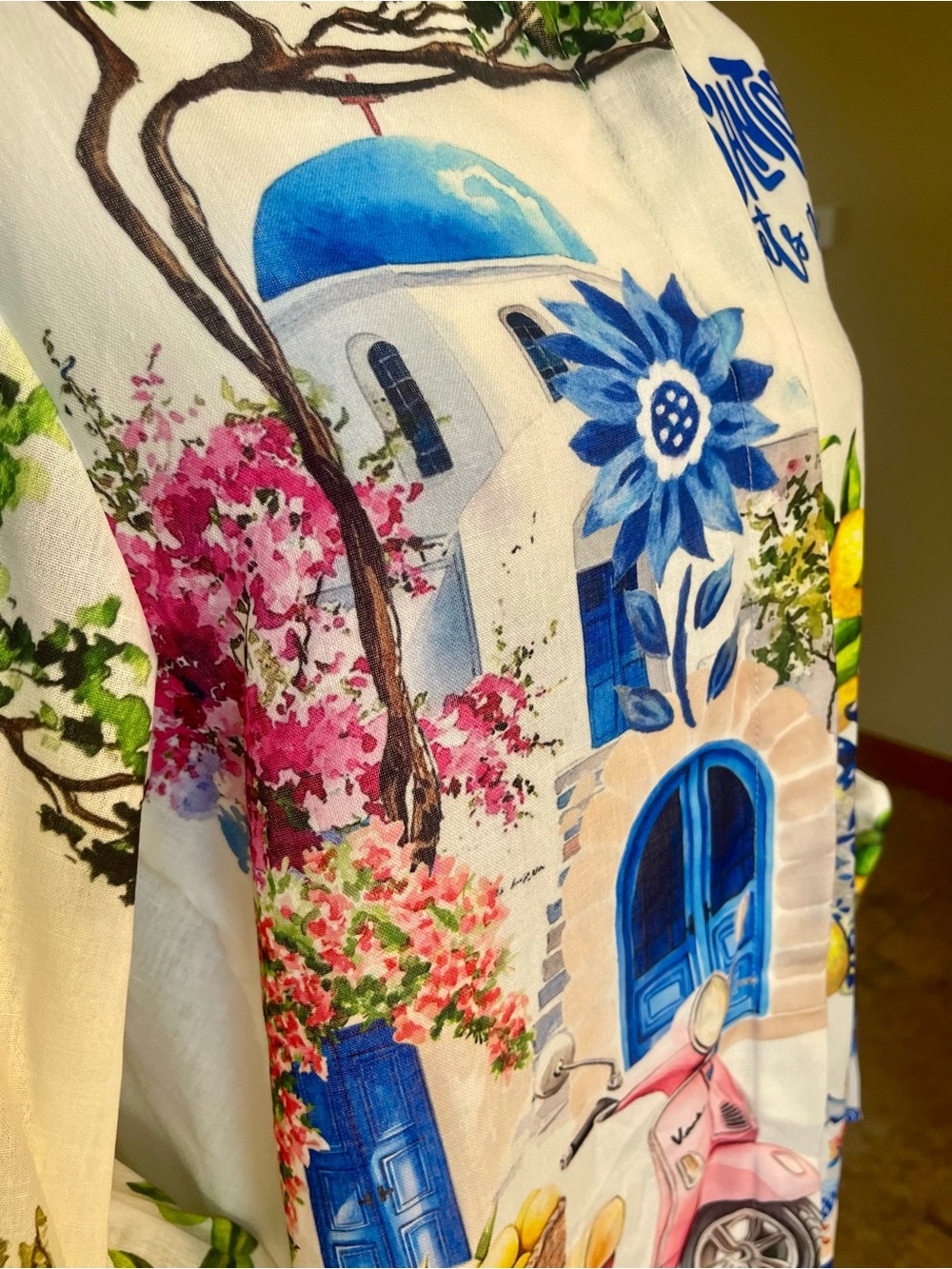 NWT MADE IN PADOVA, ITALY SANTORINI PRINT HIGH-LOW RUFFLED SLEEVE LUXURY BLOUSE - Picture 11 of 17
